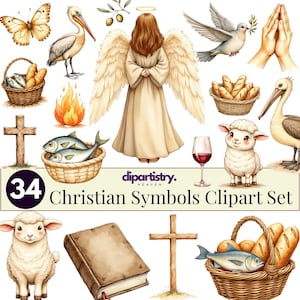 Puede incluir: Una colección de símbolos cristianos en acuarela, que incluye un ángel, una paloma, un cordero, una cruz, pescado, pan y una copa de vino. La imagen incluye el texto "34 Christian Symbols Clipart Set."