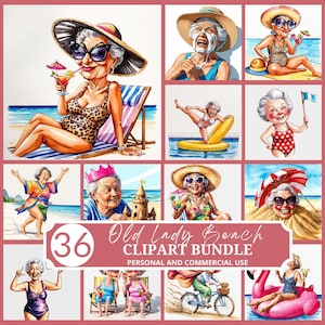 Old Lady Beach clipart, grappige oma zomervakantie png, oudere vrouw clipart, vrolijke oma digitale kunst, humoristische partij ontwerp