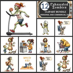 Lot de cliparts zombies épuisés avec des personnages morts-vivants rigolos et fatigués pour les amateurs de café, les travailleurs à distance, des autocollants d'Halloween et des sublimations