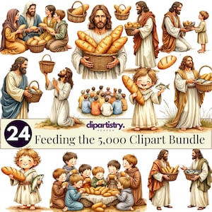 Op de afbeelding: Een digitale clipartbundel getiteld "Feeding the 5,000". De afbeelding bevat illustraties van mensen, manden met brood en vis. Het kleurenpalet bevat warme tinten bruin, beige en goud. Het nummer "24" staat in een cirkel linksonder.