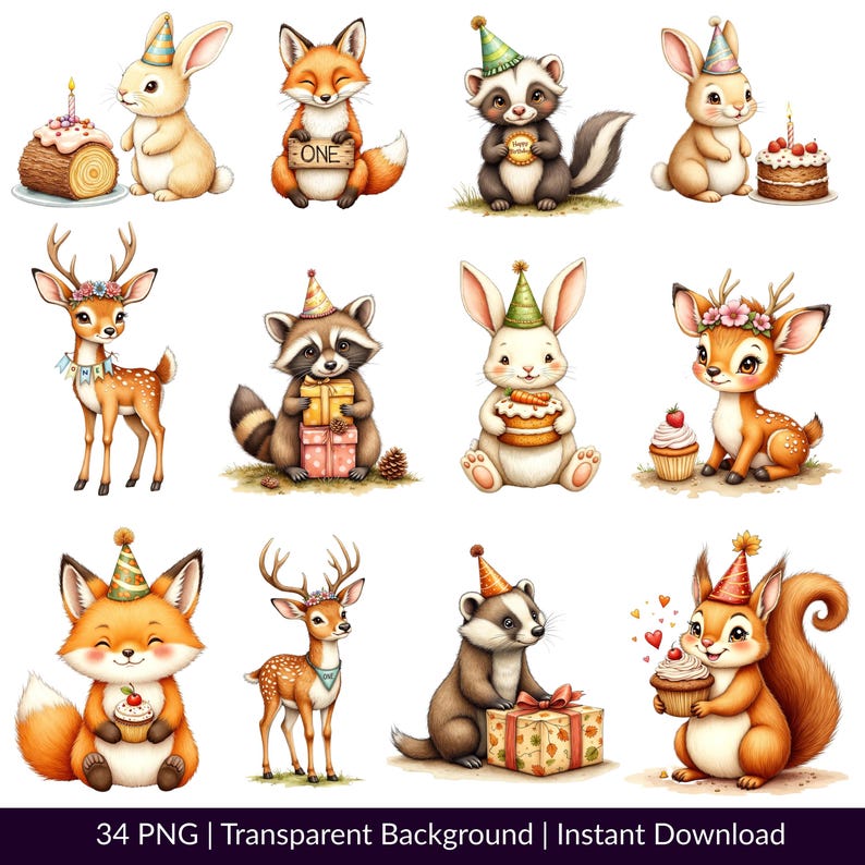 Woodland Animals Birthday Clipart Bundle | 34 PNG | Cute Forest Animals ...