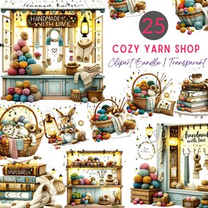 Gemütliches Garn Geschäft Clipart Bundle | Stricken häkeln PNG für Handwerker | Handgemachte ästhetische Aufkleber | Wolle & Nähkunst | Cottagecore aquarell