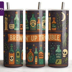 Brewin' Up Trouble - Fantazyjne ilustracje butelek na mikstury na Halloween do projektów kubków