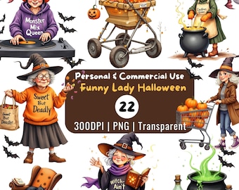 Funny Old Lady Witch Clipart Bundle: Halloween PNGs (Digital Download)