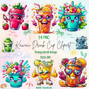 Paquete de imágenes prediseñadas de vasos de bebida kawaii: estilo de dibujos animados, frases positivas, archivos PNG para sublimación, pegatinas, arte digital y manualidades.