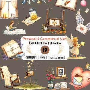 Lot de cliparts Lettres au ciel avec illustrations PNG de deuil, un pot souvenir, des ailes d'ange et une lettre ballon spirituel