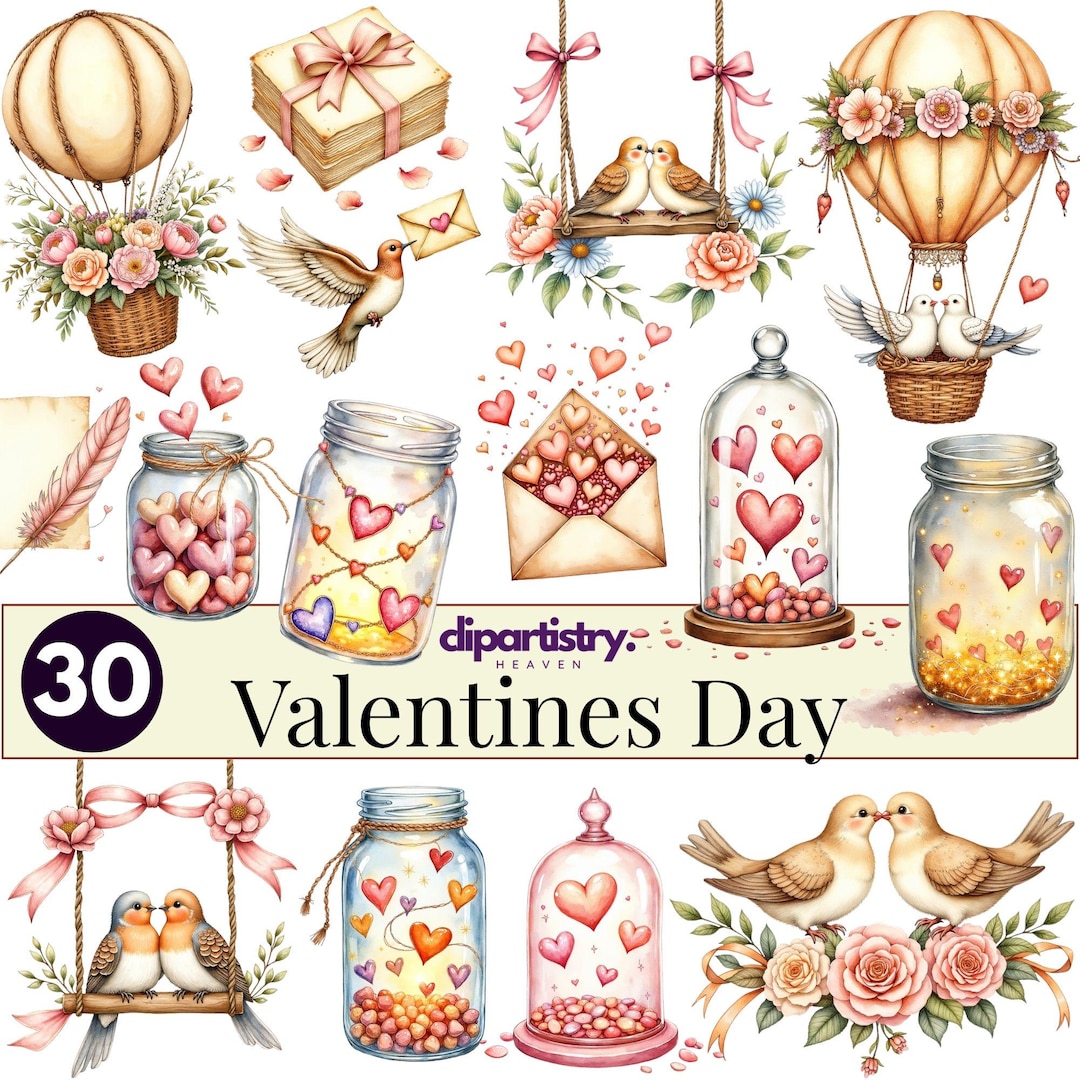 Valentine’s Day Clipart Bundle | 30 PNG Love Letters, Heart Jars ...