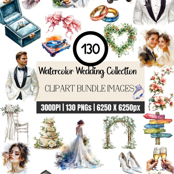 130 Watercolor Wedding Clipart Bundle | Wedding Day Icons & Itinerary Graphics for Commercial Use | Wedding Invitation PNGs, Scrapbook