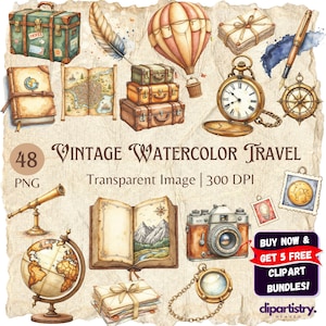 Lot de cliparts voyage aquarelle vintage - PNG éphémères aquarelles, clipart carte valise, cartes postales rétro, illustrations de voyage sur le Vieux Monde