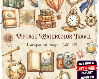 Vintage Watercolor Travel Clipart Bundle: Ephemera PNGs (Digital Download)