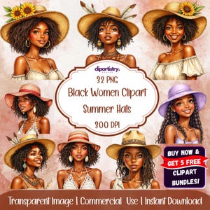 Clipart di donne nere, cappelli estivi / PNG afro / moda boho, capelli naturali / elegante pacchetto digitale - 32 file PNG
