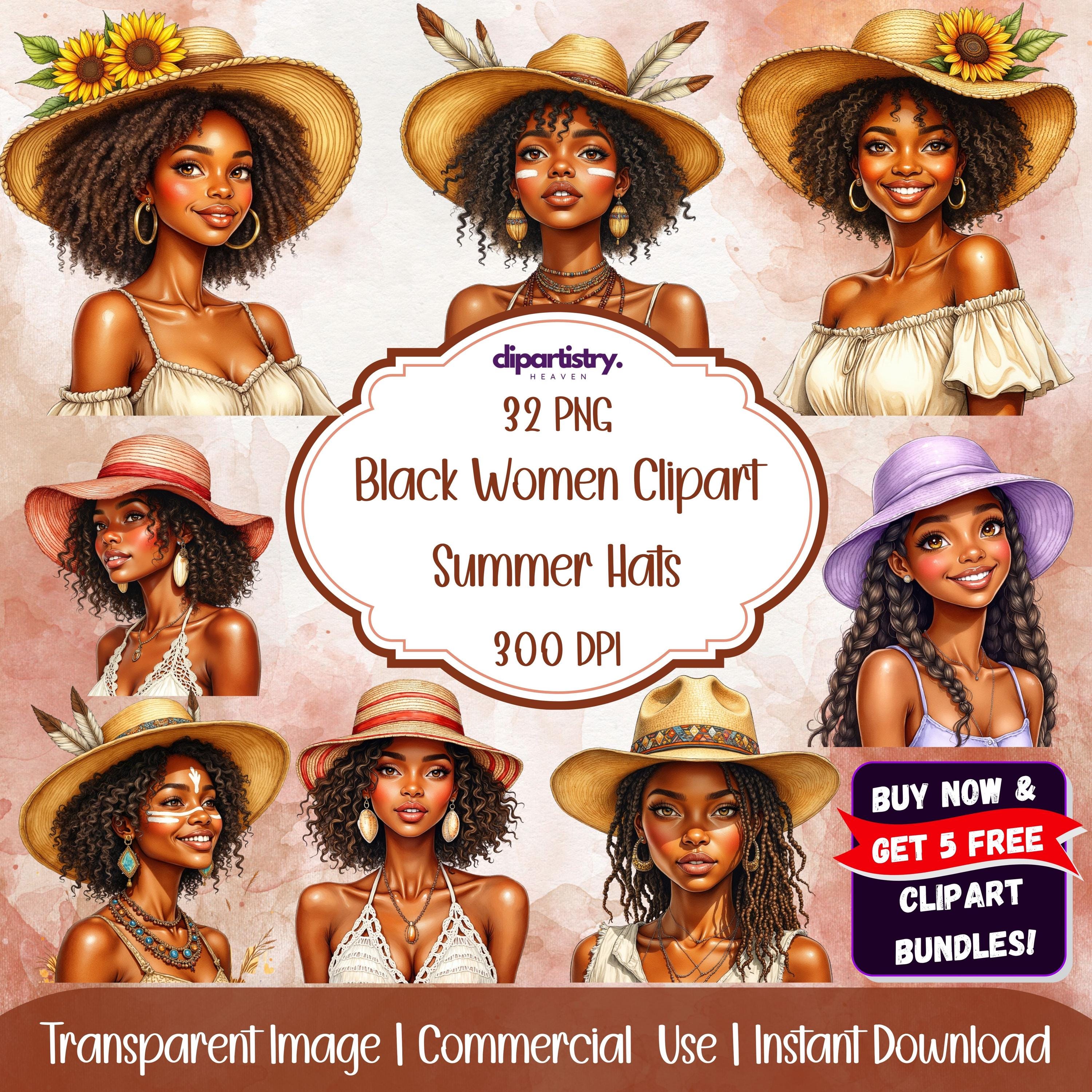 Black Woman Clipart Summer Hats | Afro PNGs | Boho Fashion, Natural Hair | Stylish Digital Bundle – 32 PNG Files