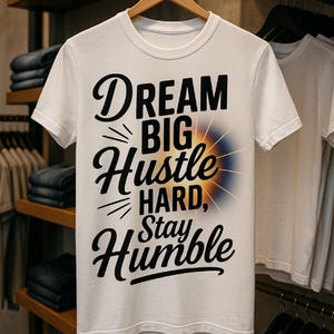 Dream Big Hustle Hard Stay Humble Design PNG, Sublimation graphique motivant, téléchargement numérique citation chemise pour les entrepreneurs