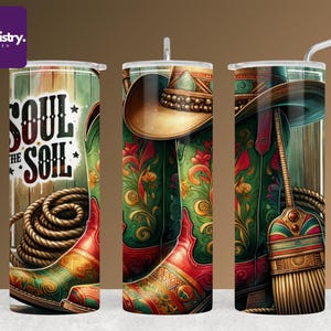 花柄とカウボーイハットがあしらわれた鮮やかなカウボーイブーツ - Soul in the Soil デジタルダウンロード（昇華転写・印刷アート）
