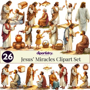 Op de afbeelding: Een digitale clipartset getiteld "Jesus' Miracles" met 26 illustraties. De afbeeldingen tonen bijbelse scènes met Jezus, broden, vissen en mensen. Het kleurenpalet bevat warme tinten bruin, beige en rood.
