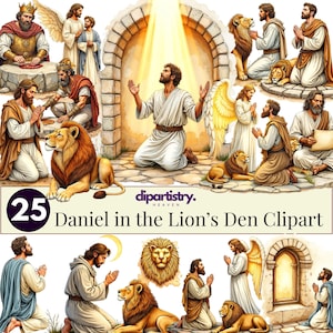 May include: A collection of 25 Daniel in the Lion's Den clipart images. The illustrations depict Daniel, lions, angels, and other biblical figures. The images are in a cartoon style with a variety of poses and settings, with the text "Daniel in the Lion's Den Clipart".