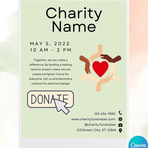 Peut inclure: Une affiche numérique verte et blanche avec le texte "Charity Name" en noir. L'affiche annonce un événement caritatif le 5 mai 2022, de 10h à 14h. L'affiche comprend un graphique de mains formant un cercle autour d'un cœur rouge. L'affiche comprend également le texte "Donate" dans un encadré rouge avec une flèche blanche pointant vers la gauche. L'affiche comprend les coordonnées de l'organisation caritative, notamment un numéro de téléphone, une adresse de site Web, une adresse e-mail et une adresse physique.