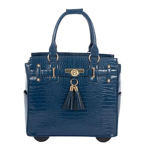Riviera Blue Alligator Rolling Laptop Bag for Women | Faux Leather Briefcase Tote on Wheels | Fits 13-17 Inch Laptop | Carry On Size