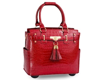 Rolling Briefcase for Women, Red Patent Alligator Rolling Laptop Bag, Wheeled Work Tote, Rolling Office Bag, Womens Computer Bag