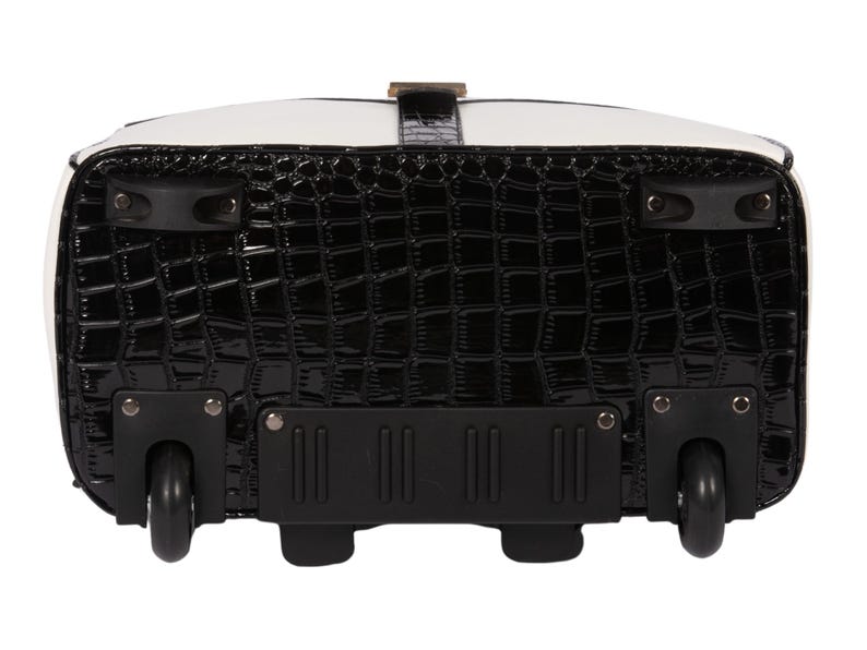 Bottom of the women’s wheeled laptop tote showing sturdy black all-terrain wheels and a reinforced base. Two front feet prevent the bag from tipping when letting go of the handle. A stylish professional laptop bag for travel, this rolling work bag for women glides easily through airports or office buildings. Use as a legal briefcase on wheels or a doctor’s rolling tote. Designed for everyday wear, it makes the perfect back-friendly gift for nurses, teachers, executives or busy women on the move.