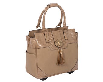 Rolling Laptop Bag: Windsor Taupe Wheeled Briefcase - Elegant Faux Leather