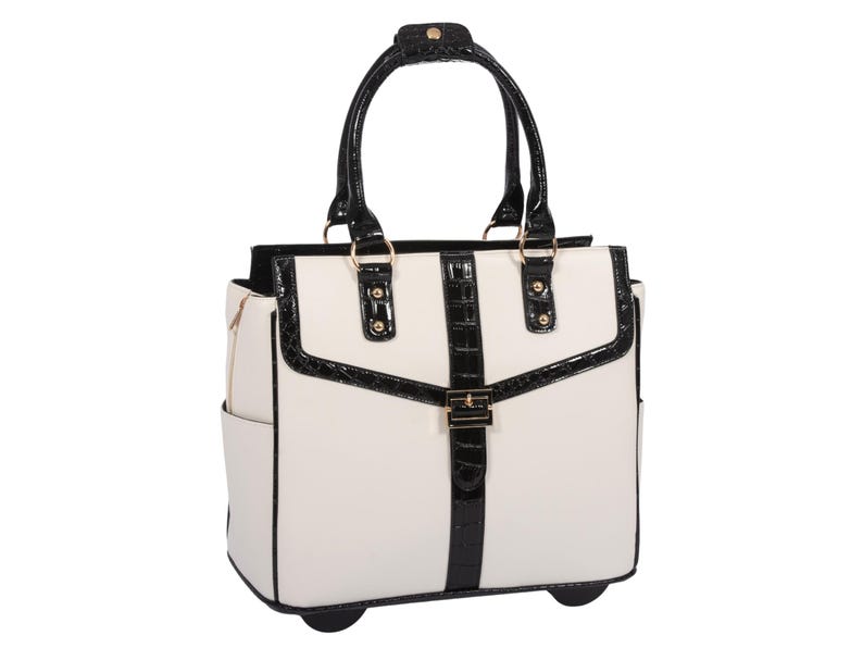 Front view of a white and black rolling laptop bag with black faux croc trim, dual handles, and gold-tone hardware. A vertical stripe down the center with a gold pendant offers extra style. This carry-on work bag for women combines structure and elegance, making it perfect for business trips, commuting, or professional meetings. Designed with stylish details and practical functionality, it’s an ideal gift for her and a great solution for women who want back pain relief and effortless mobility.