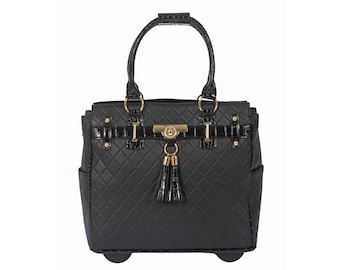 Luxe Quilted PU Leather Rolling Laptop Bag - Versatile Briefcase, Work Tote, Handbag, and Overnight Bag for Women"