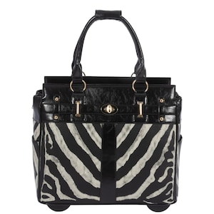 Zebra Print Rolling Laptop Bag for Women, Work Tote with Wheels, Carry On Business Briefcase, Travel Weekender Bag, Office Bag, Black White