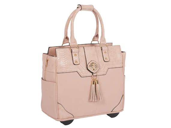 LESS THAN PERFECT Pink Python Rolling Laptop Bag for Women: Wheeled Briefcase Tote