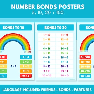 Puede incluir: Carteles educativos con enlaces numéricos para clases de matemáticas. Los carteles presentan gráficos de arcoíris coloridos y combinaciones de números para 5, 10, 20 y 100. Incluye el texto "Number Bonds Posters" y "Bonds to 10" y "Bonds to 20".