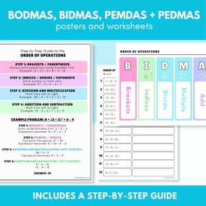 Puede incluir: Carteles y hojas de trabajo educativos para BODMAS, BIDMAS, PEMDAS y PEDMAS. La imagen incluye una guía paso a paso del orden de las operaciones, con ejemplos y una hoja de trabajo de práctica. La combinación de colores es principalmente blanco, azul, rosa y verde.