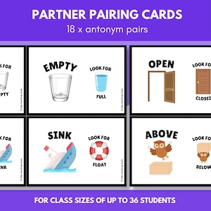 Cartes de jumelage partenaire | 18 paires d'antonymes (36 cartes de correspondance d'étudiants)