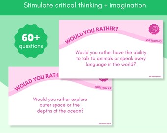 May include: Pink and white cards with the text "WOULD YOU RATHER?" and discussion prompts. The cards feature questions like "Would you rather talk to animals or speak every language?" and "Would you rather explore outer space or the depths of the ocean?" The image also includes the text "60+ questions."