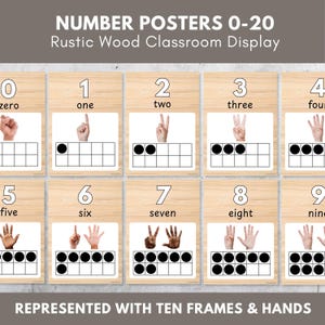 May include: Number posters 0-20 with a rustic wood classroom display. Each poster displays a number, its word form, a ten frame, and a hand gesture. The posters are designed for educational use in a classroom setting.