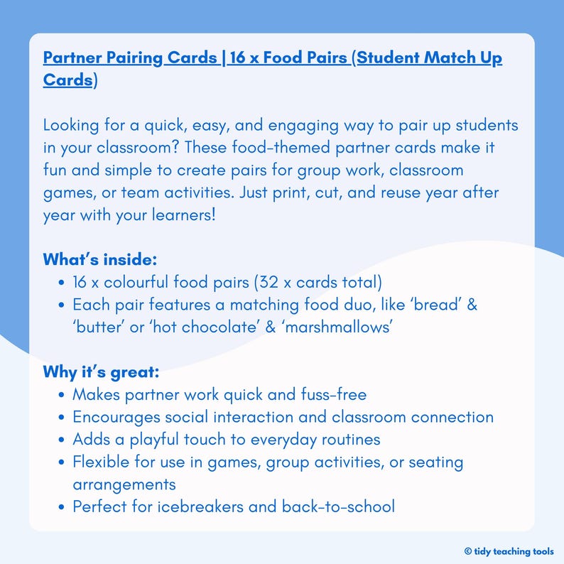 Partner Pairing Cards | 16 X Food Pairs (32 X Student Match up Cards ...
