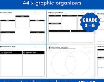 44 tareas de comprensión lectora / Organizadores gráficos imprimibles (ortografía del Reino Unido y EE. UU.)