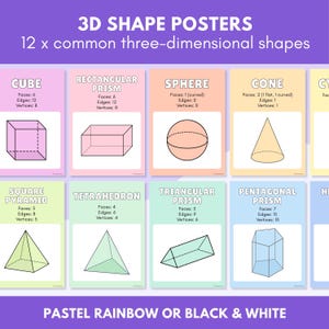 May include: A set of 12 educational posters displaying 3D shapes, including a cube, sphere, and cone. Each poster shows the shape's faces, edges, and vertices. The posters are available in pastel rainbow or black and white.