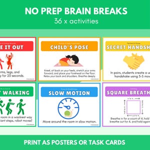 Op de afbeelding: Een set kleurrijke, printbare taakkaartjes voor hersenpauzes. De kaartjes bevatten illustraties en instructies voor activiteiten zoals "Schud het eruit", "Kindhouding", "Geheime handdruk", "Langzaam lopen", "Langzame beweging" en "Vierkant ademen".