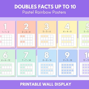 Può includere: Un set di poster arcobaleno pastello per imparare le tabelline fino a 10. Ogni poster presenta un numero, un problema di addizione e una cornice di dieci con cerchi colorati. I poster sono etichettati "PRINTABLE WALL DISPLAY".