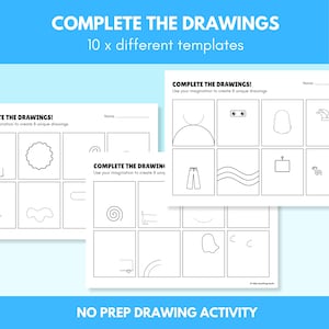 May include: A printable worksheet with 10 different drawing templates. Each template has a simple shape or line that can be completed to create a unique drawing. The worksheet is titled "Complete the Drawings!" and includes the text "Use your imagination to create 8 unique drawings".