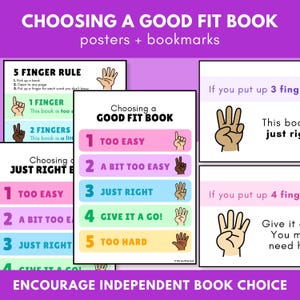 May include: Educational posters and bookmarks titled Choosing a Good Fit Book. The design features a 5 Finger Rule guide with colorful horizontal bars labeled 1 to 5, each showing a corresponding number of fingers held up to indicate reading difficulty levels.