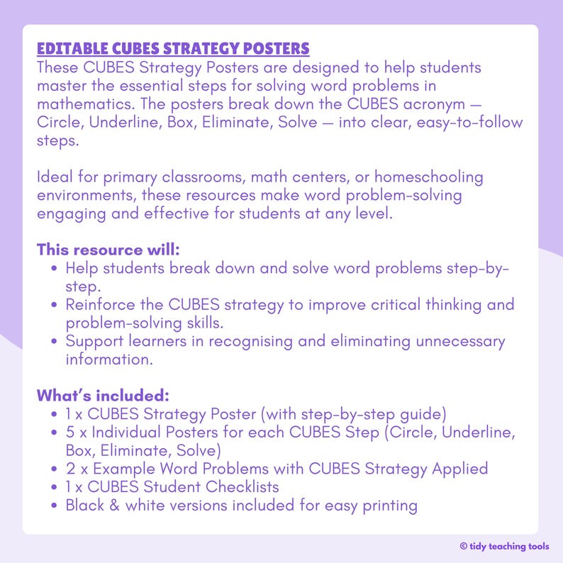 Cubing Examples CUBES Maths Strategy Posters, Examples and Checklists for Solving Word ...