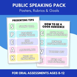 Puede incluir: Dos carteles educativos con consejos para hablar en público y ser un buen público. Los carteles tienen bloques de colores con texto como "Stand Tall", "Project Your Voice" y "Give Your Full Attention". El texto "Public Speaking Pack" está en la parte superior.