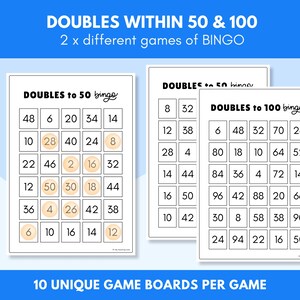 May include: Three bingo game boards with the text "DOUBLES WITHIN 50 & 100" and "DOUBLES to 50 bingo" and "DOUBLES to 100 bingo". The boards have a grid of numbers, with some numbers highlighted. The text "10 UNIQUE GAME BOARDS PER GAME" is at the bottom.