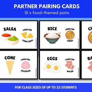 Cartes de jumelage partenaire | 16 paires d'aliments (32 cartes de correspondance d'étudiants)