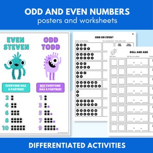 May include: Educational posters and worksheets for teaching odd and even numbers. The posters feature cartoon characters Even Steven and Odd Todd, with examples of even and odd numbers. Worksheets include activities like identifying odd or even and addition problems.