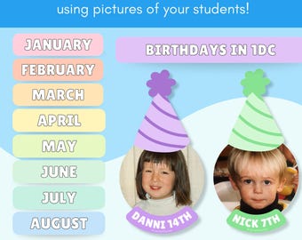 Plantilla de cumpleaños editable: agrega las caras y los nombres de tus estudiantes (totalmente editable en Canva)