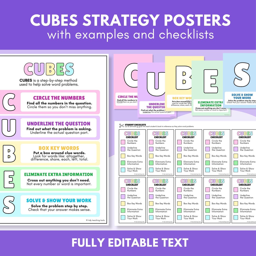 CUBES Maths Strategy Posters, Examples and Checklists for Solving Word ...