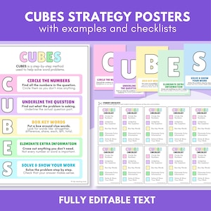May include: Educational posters with the word "CUBES" in large, colorful letters. The posters outline a step-by-step method for solving word problems, including checklists and examples. The text is in a sans-serif font.