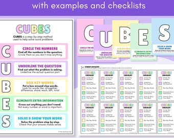 Pósters de estrategia matemática CUBES, ejemplos y listas de verificación para resolver problemas de palabras (exhibición en el aula)